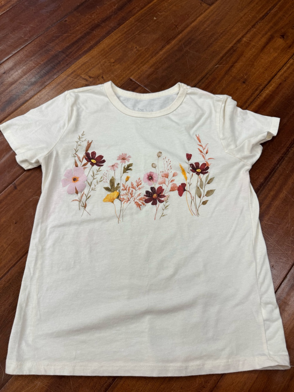 Zoe + Liv Cream Tee with Pink, Burgundy & Mustard Floral Print Graphic Tee